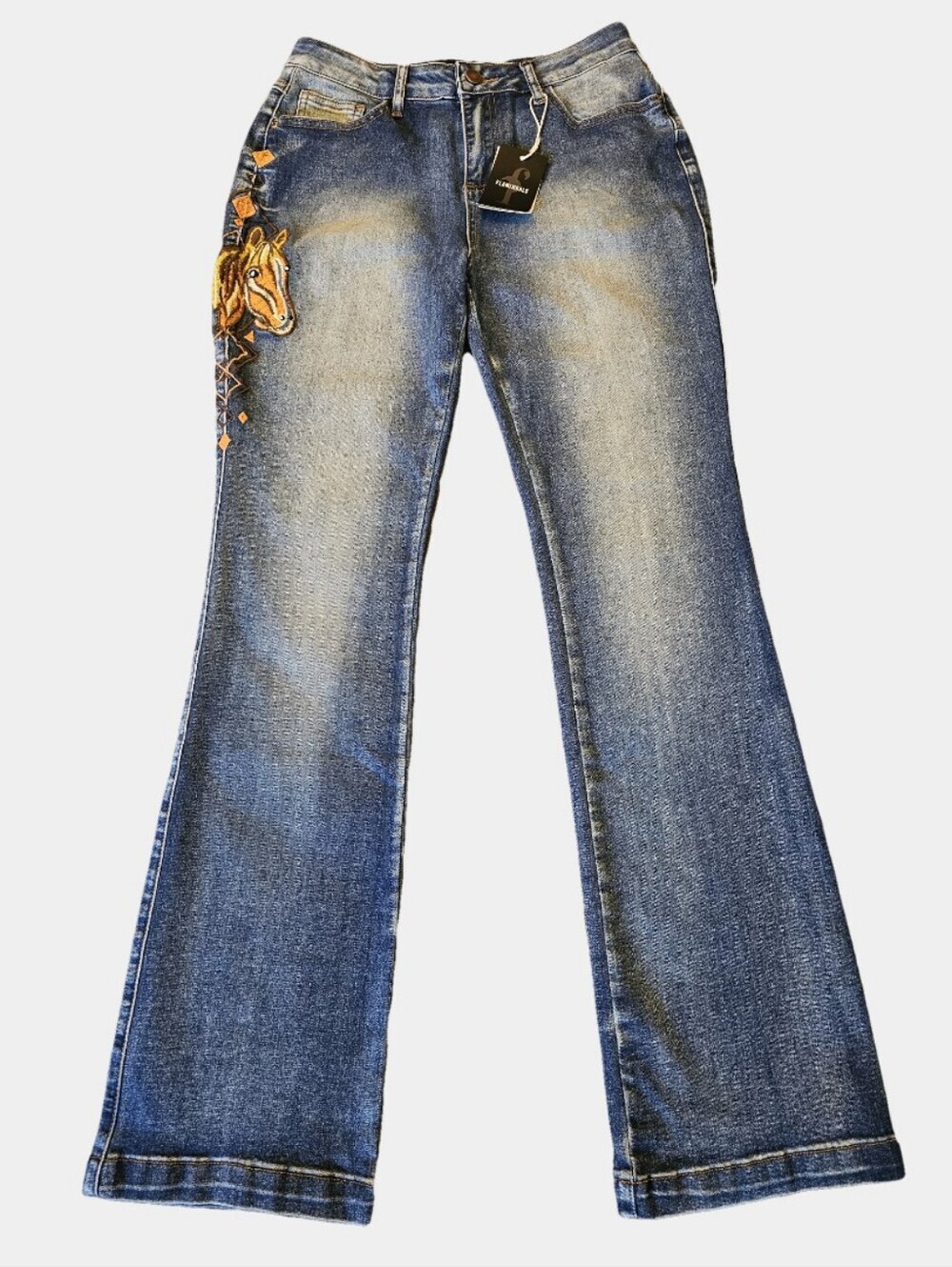Flamingals Horse Embroidered High Waist Medium Wash Bootcut Jeans Size M 29/30